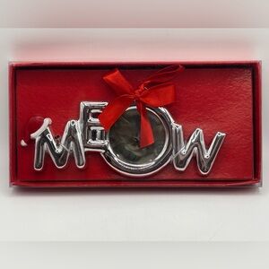 New MEOW Cat Christmas Ornament Large Silver tone Photo Frame